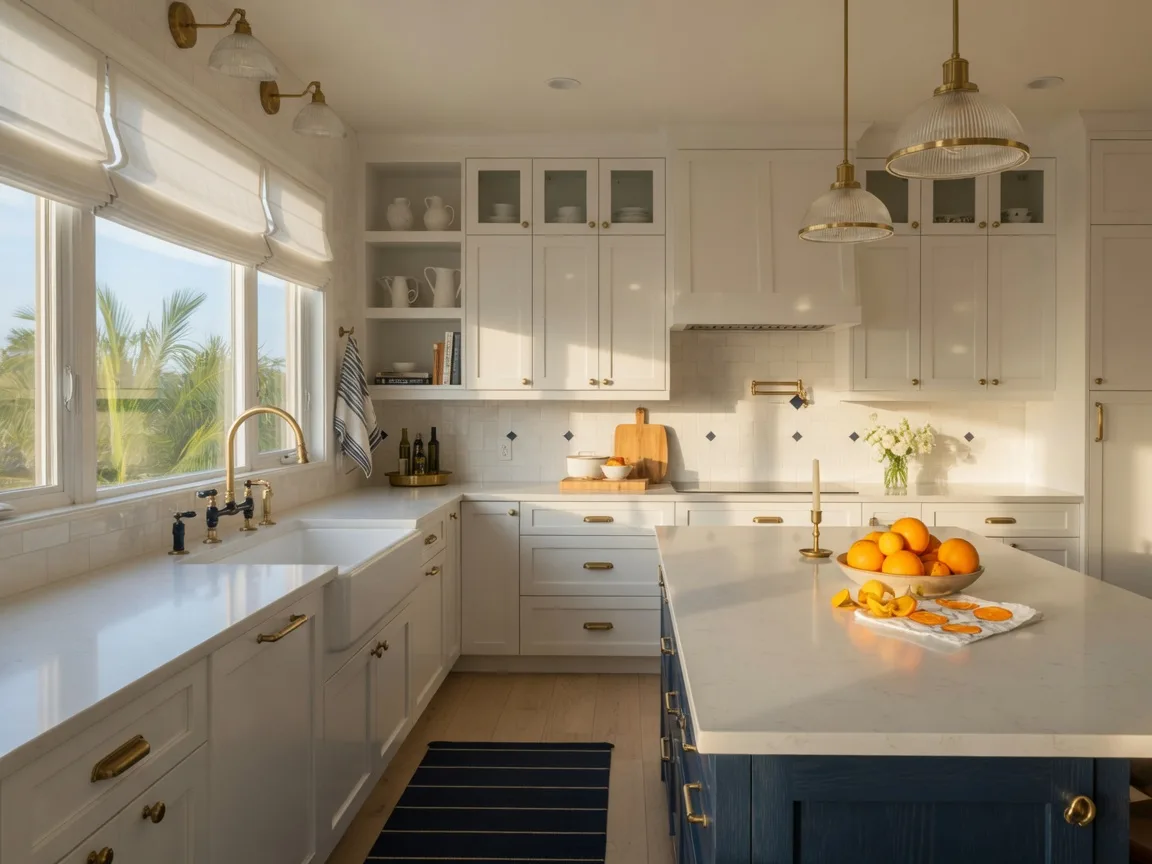 Bright modern Southern California kitchen with white cabinets and a quartz island in morning light