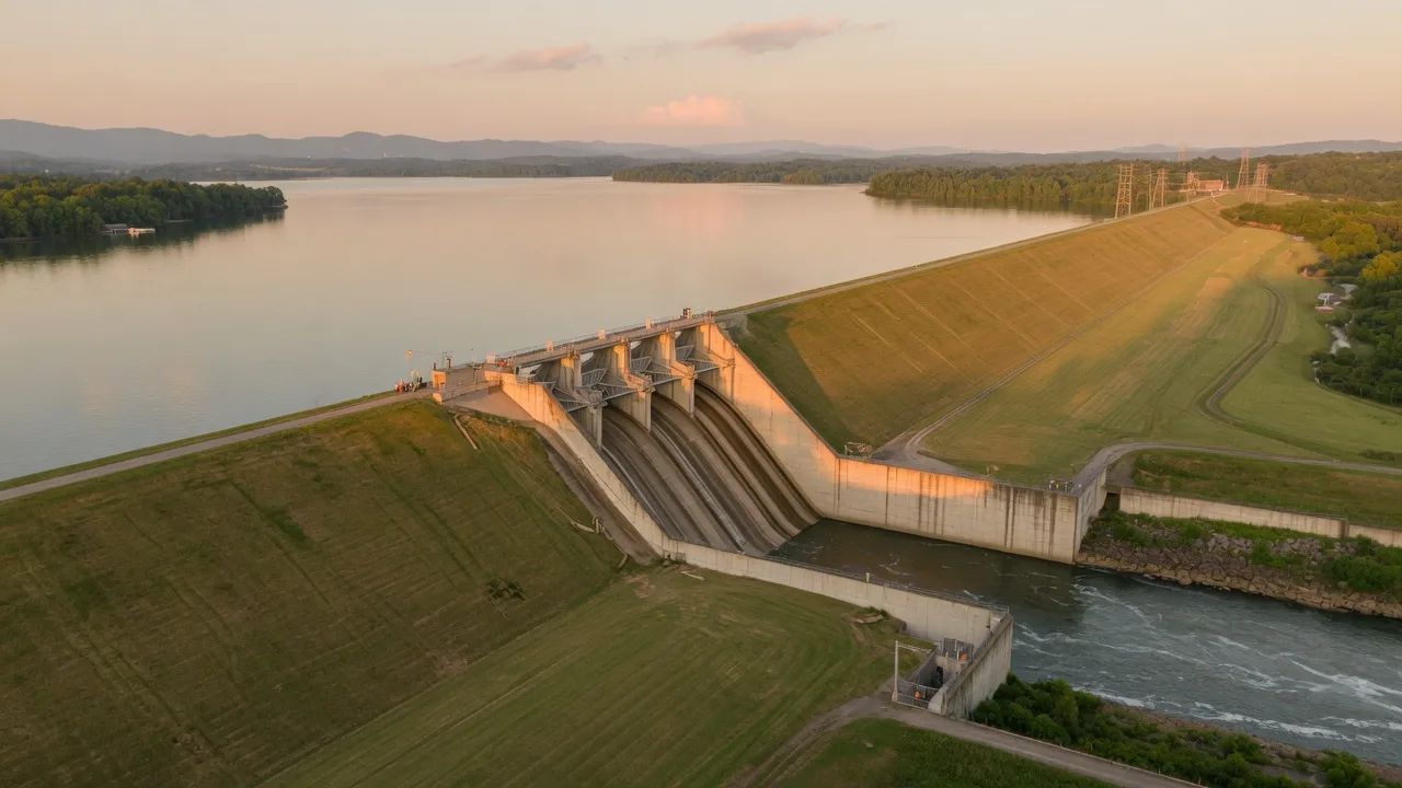 Golden-hour view of Hartwell Dam: a long grass-covered earthen embankment with a concrete spillway at its center, calm reservoir water on one side and the river tailrace below