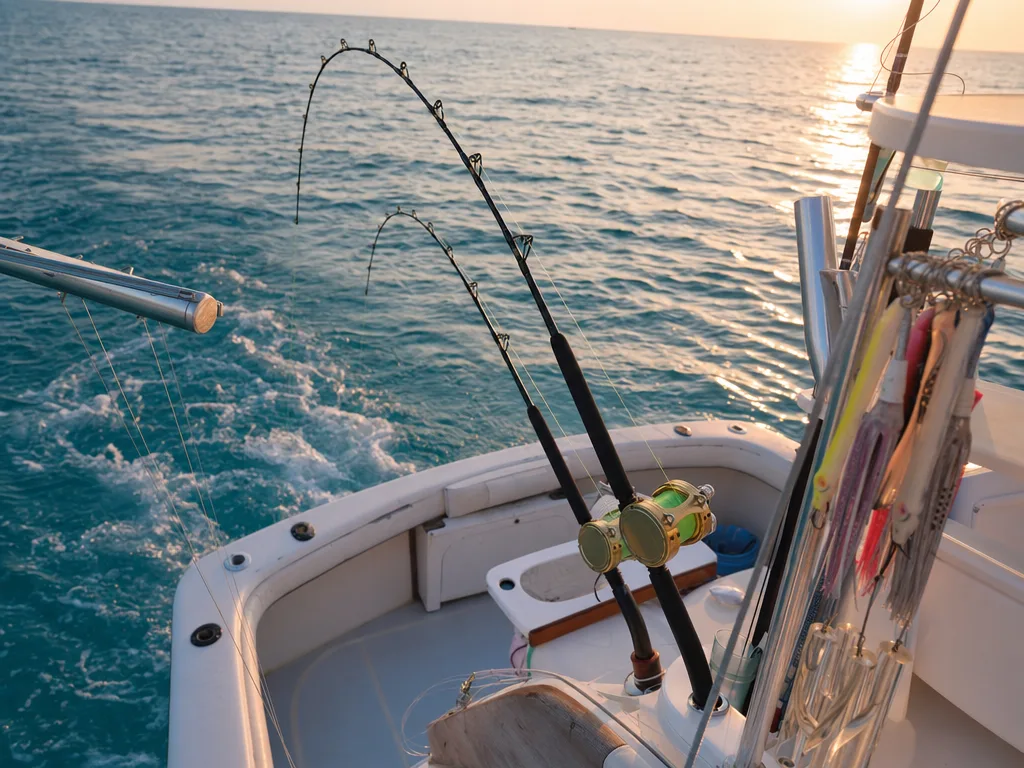 Close-up view of fishing rods and colorful trolling lures on a charter boat deck in the Florida Keys at golden hour