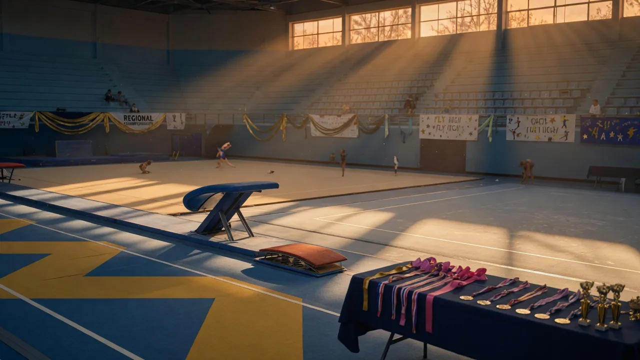 Bright gymnastics competition arena with vault and floor exercise equipment at a youth invitational