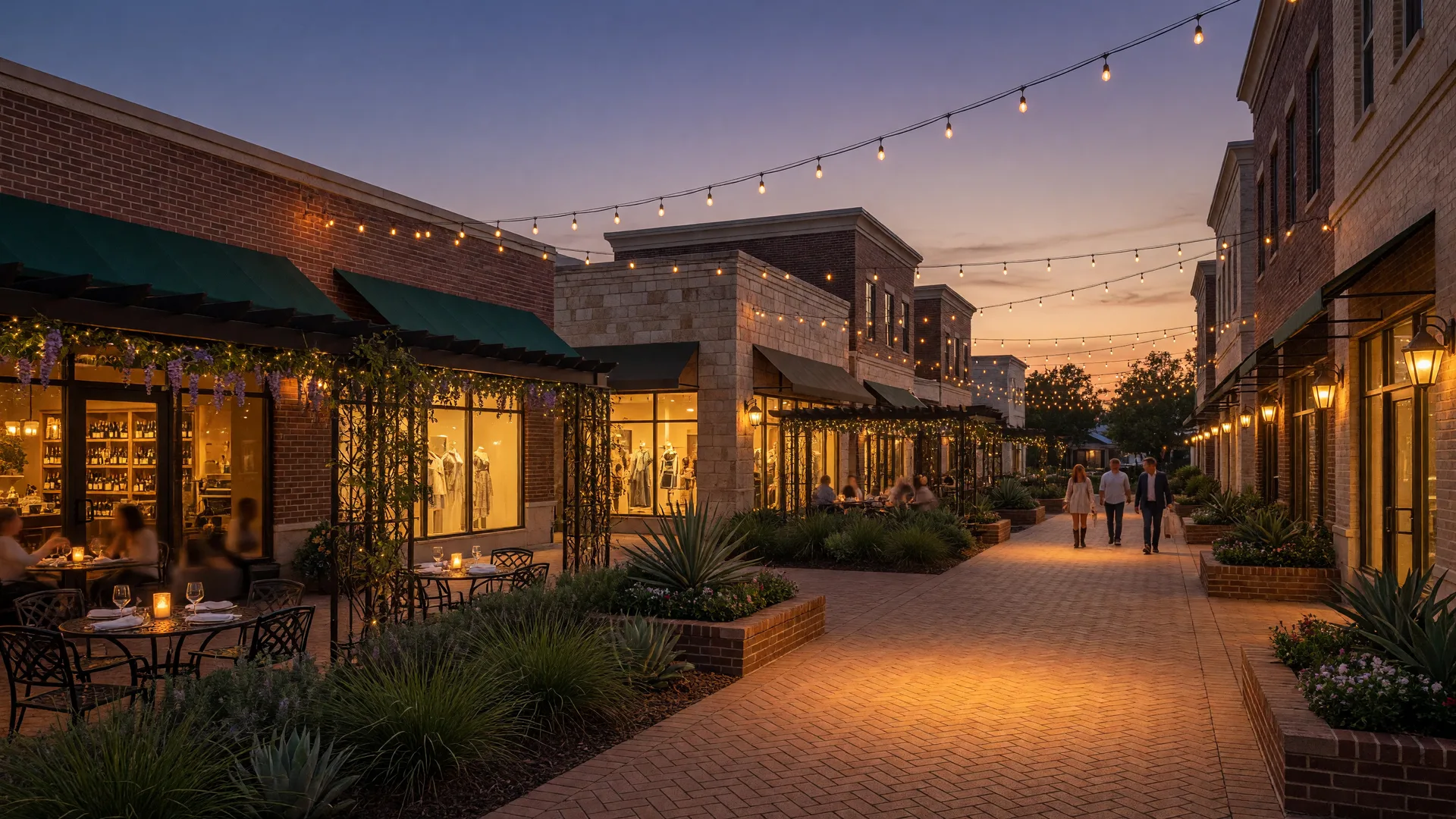 An illustrative outdoor Main Street-style shopping square at dusk with brick walkways, glowing storefronts, and patio string lights