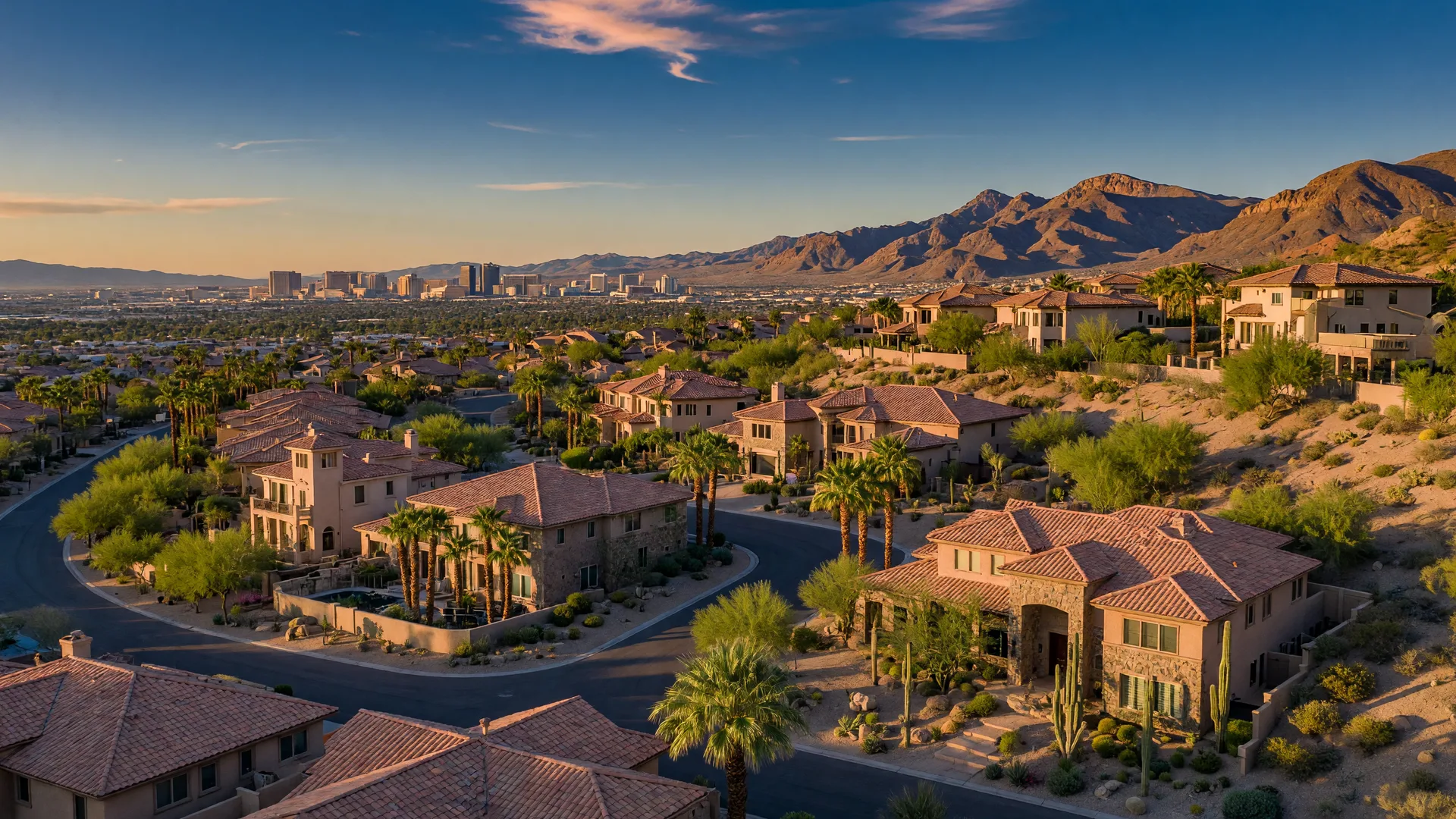 Elevated custom estate homes on a terraced hillside enclave in south Henderson with a wide view toward the Las Vegas skyline and the McCullough Range at golden hour