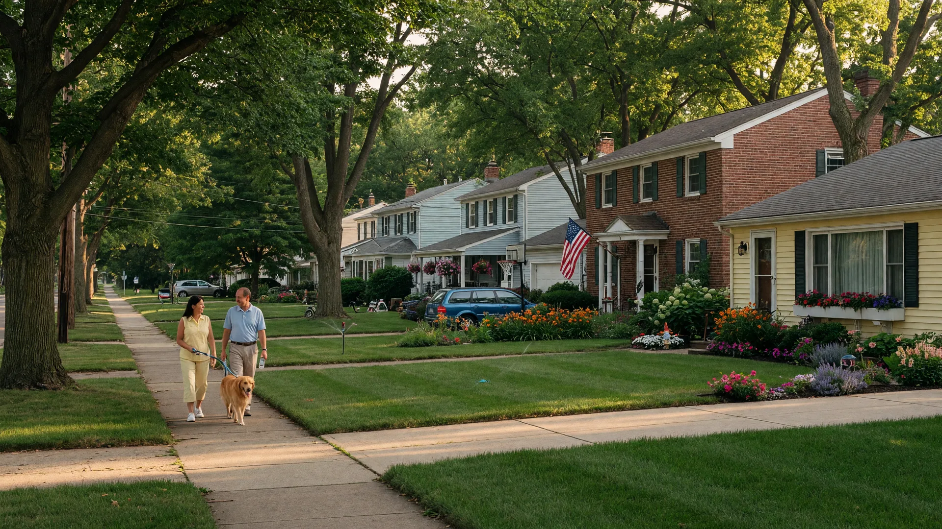A peaceful tree-lined residential street in a Dayton Ohio suburb with well-maintained homes and mature shade trees