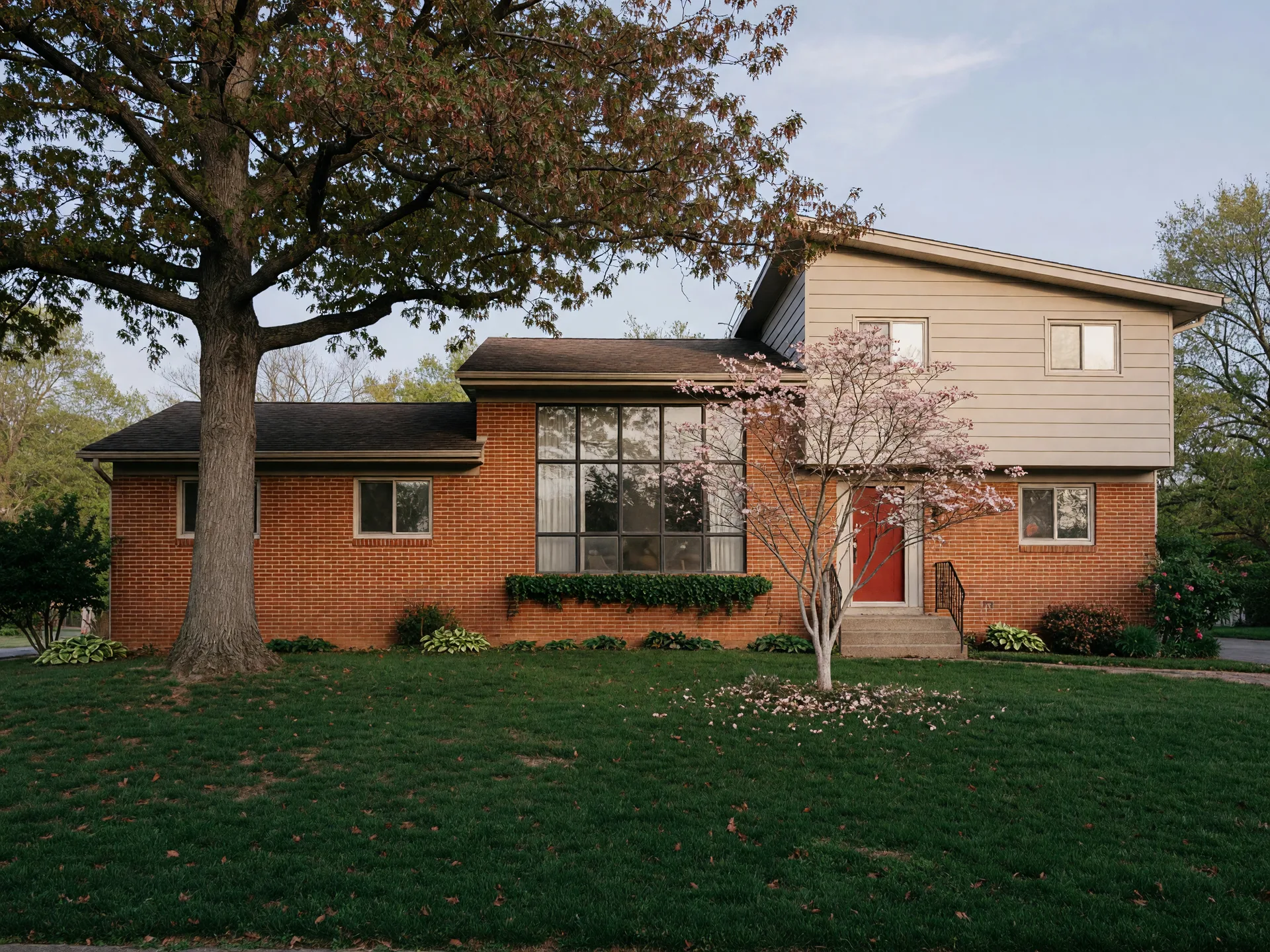 A classic mid-century split-level home under mature trees in a Maryland suburb