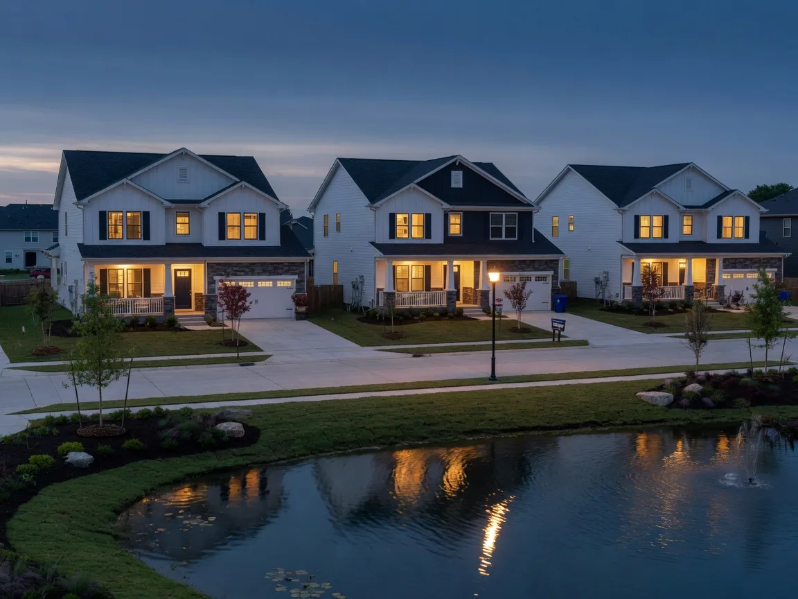 New construction homes at dusk in the Dunham Pointe community of Cypress TX