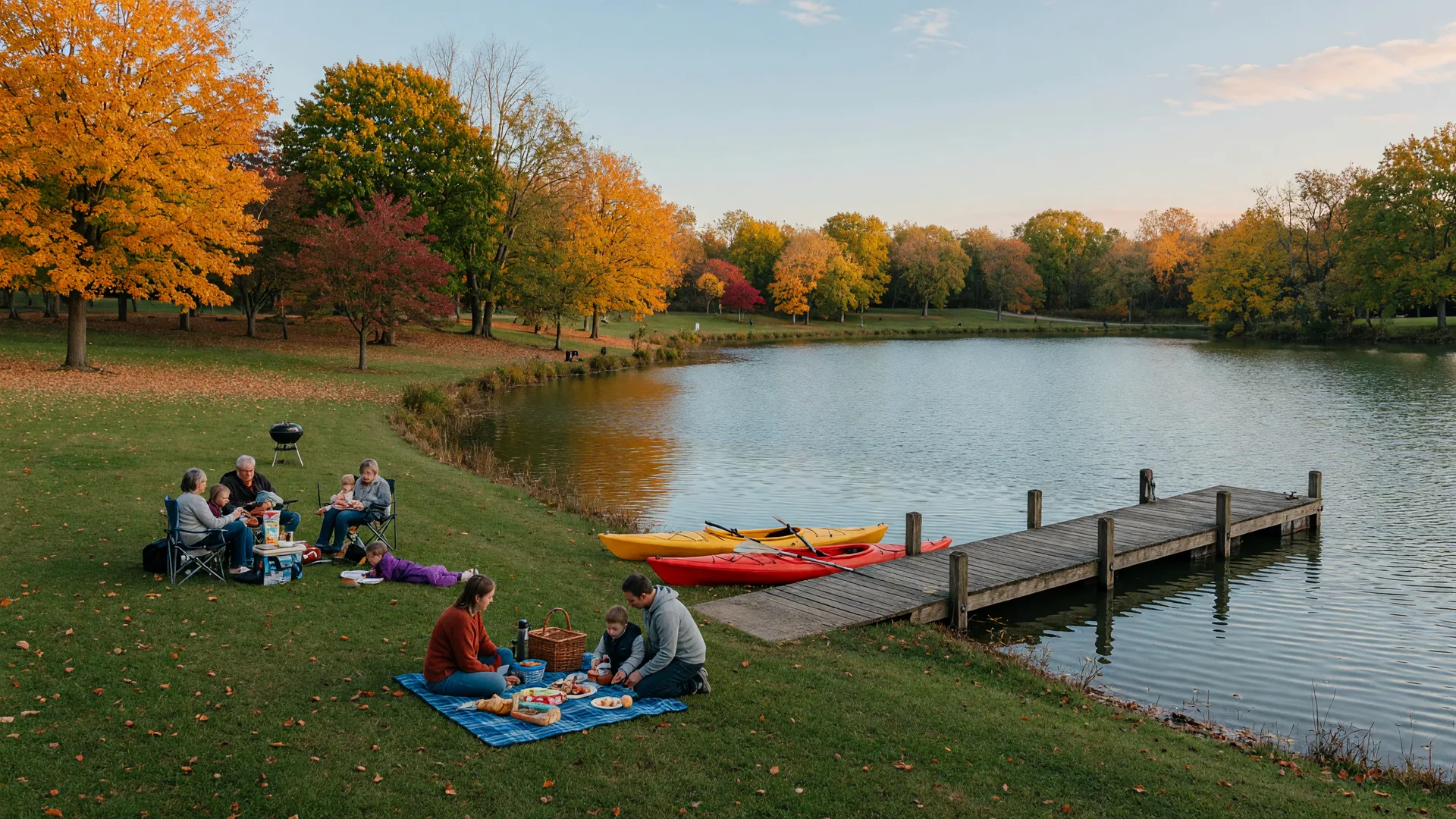 Warren County Armco Park in Lebanon Ohio on a crisp early-autumn afternoon, a calm lake with a wooden dock, kayaks pulled up on the shore, families picnicking on the green lawn, and maples turning orange and gold around the shoreline