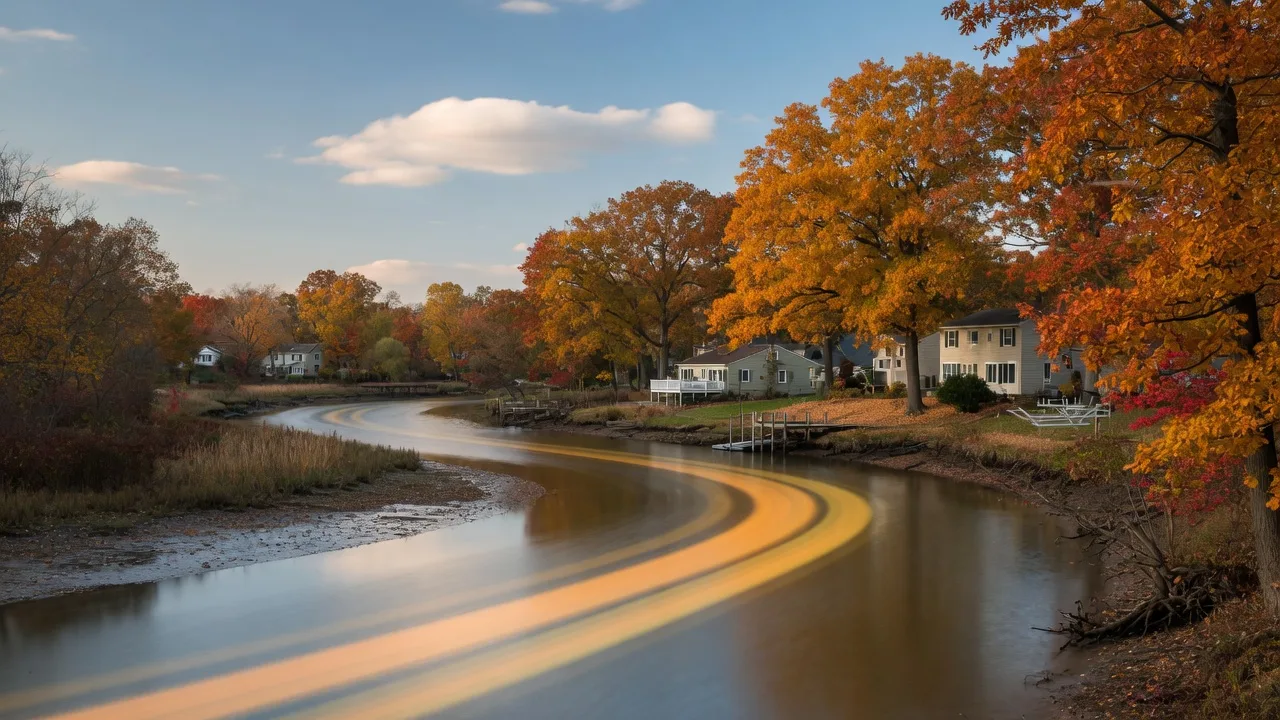 The Rancocas Creek in Delran Township, New Jersey curving through amber and bronze fall foliage on a clear late-October afternoon