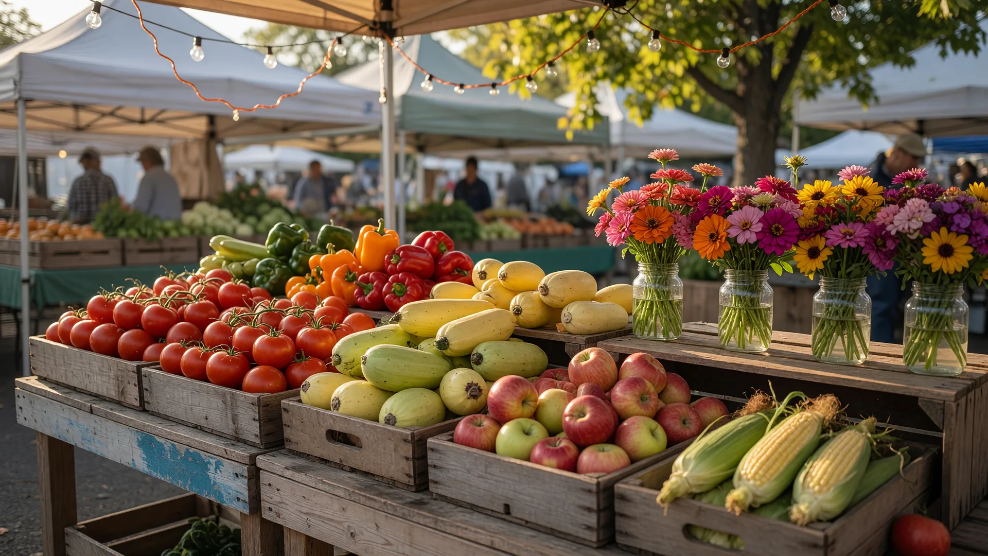Fresh seasonal produce in wooden crates at an open-air farmers market on a bright September morning