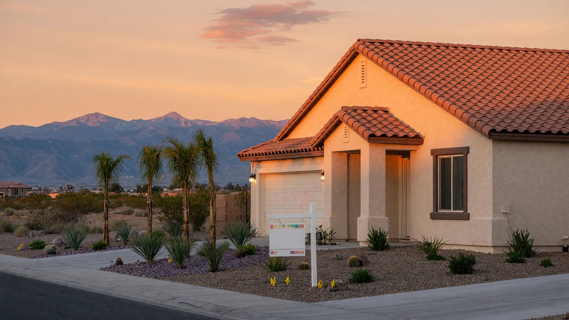 Brand-new stucco and tile home in a Southwest Las Vegas community at golden hour with the Spring Mountains behind it