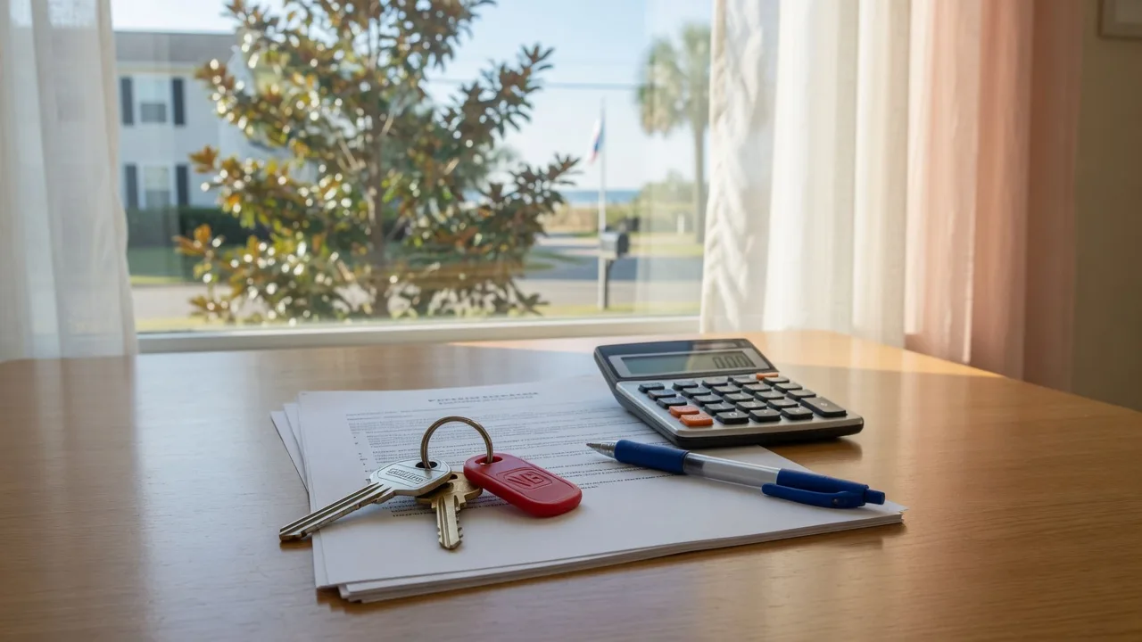 Mortgage paperwork, a calculator, a pen, and house keys on a bright table beside a leafy Virginia Beach street