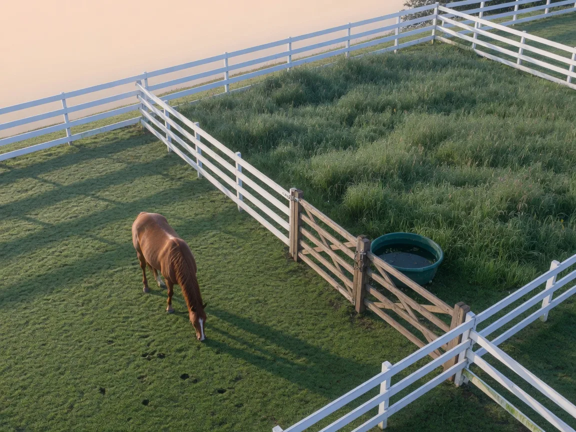 Two rotational grazing paddocks divided by a wooden gate on a horse farm, one with short clipped grass and a grazing horse, the other resting taller and ungrazed