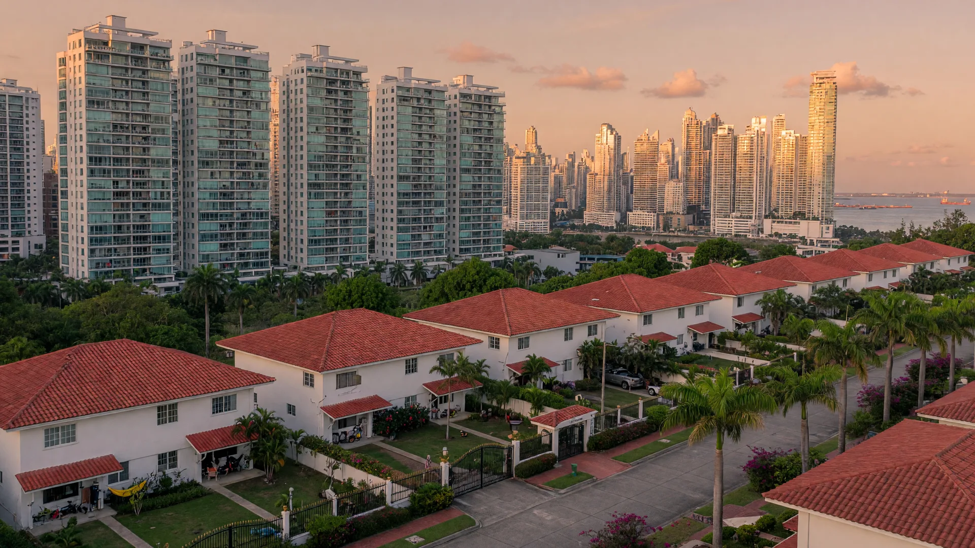 Golden-hour view contrasting white gated-community houses with red-tiled roofs in the foreground with the high-rise condominium skyline of Panama City rising behind them along the Pacific bay