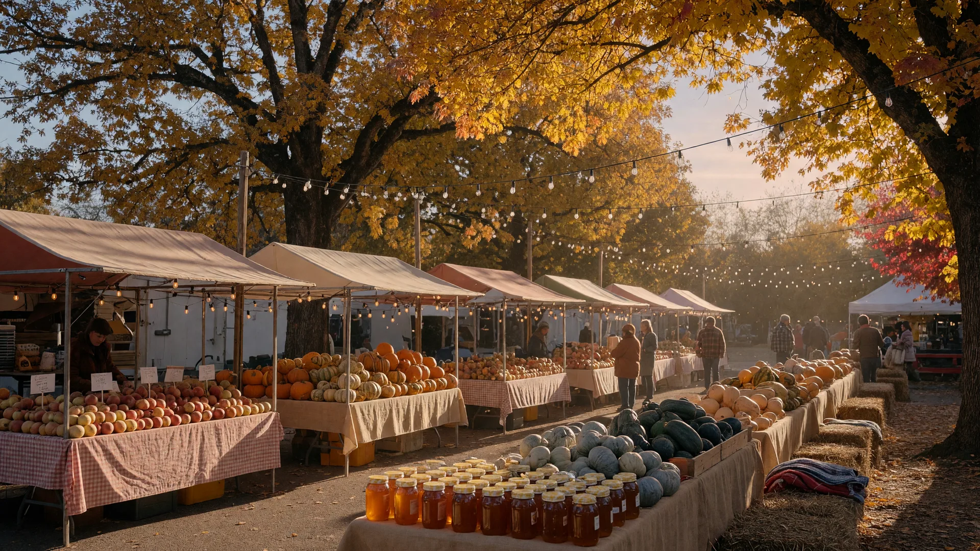 Autumn harvest market in a southern Oregon town plaza with pumpkin and produce market stalls under golden fall trees and string lights