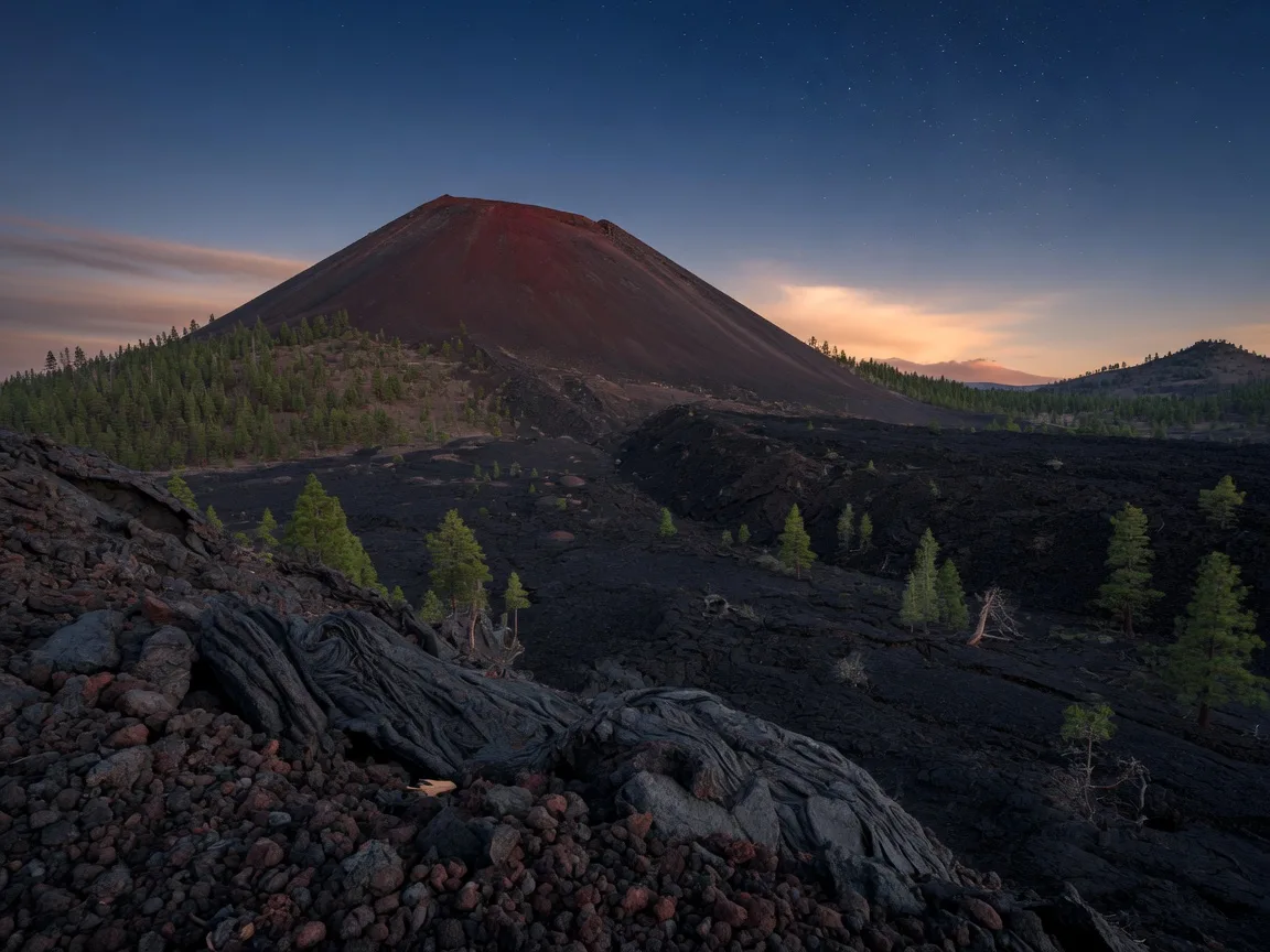 Cinder cone and lava flow landscape near Flagstaff at dusk