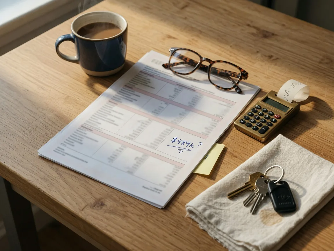 A comparative market analysis report with a calculator, coffee mug, and house keys on a wooden table