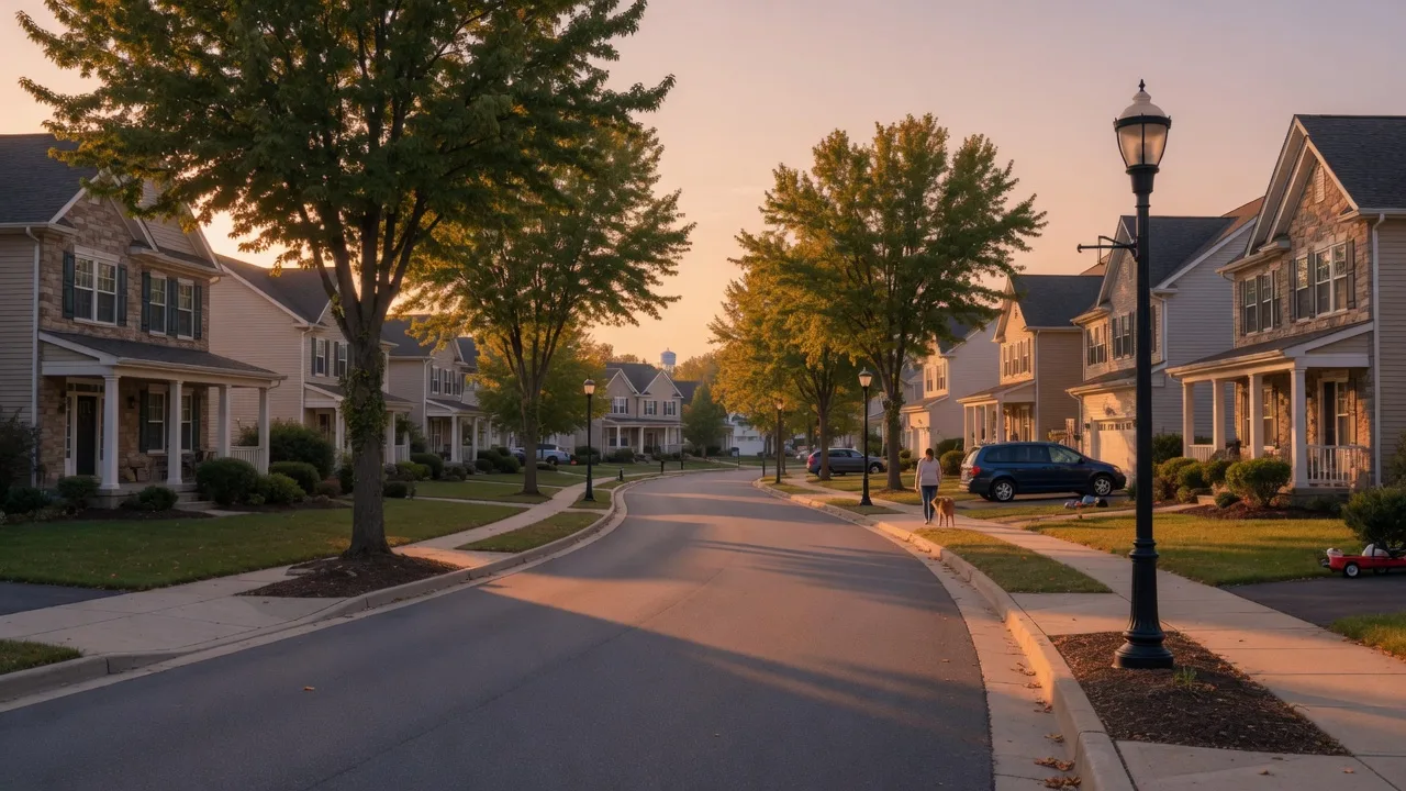 Newer homes on a tree-lined golden-hour street in Sinking Spring, Pennsylvania