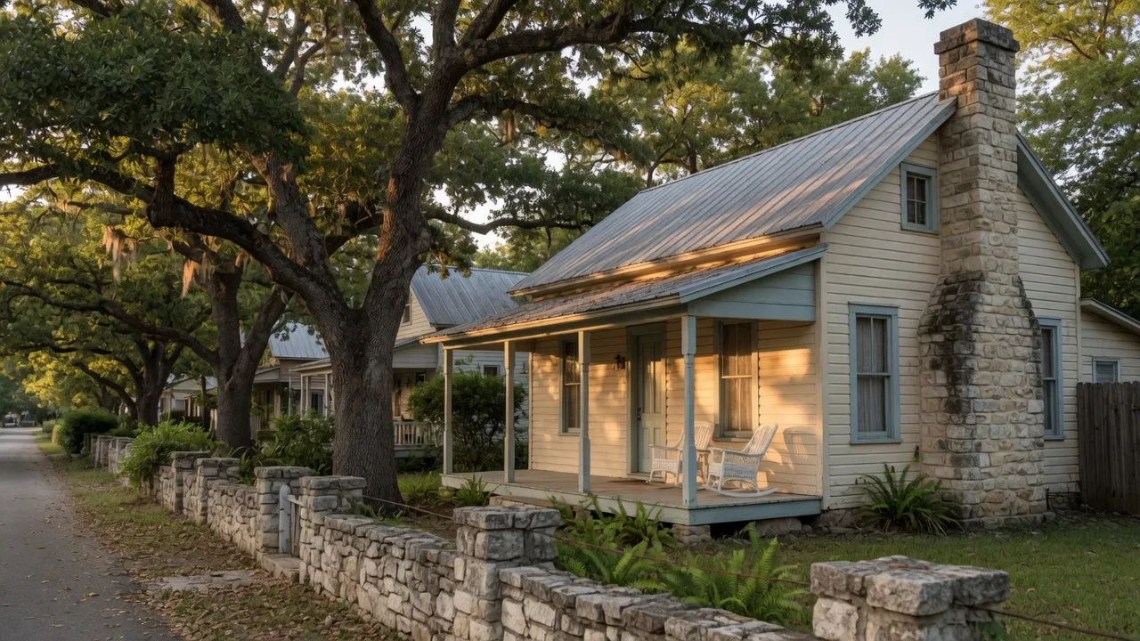 A cream clapboard German-heritage Texas cottage with a deep front porch and gabled metal roof on a leafy New Braunfels street at golden hour, the kind of river-town home a home inspector in New Braunfels reviews