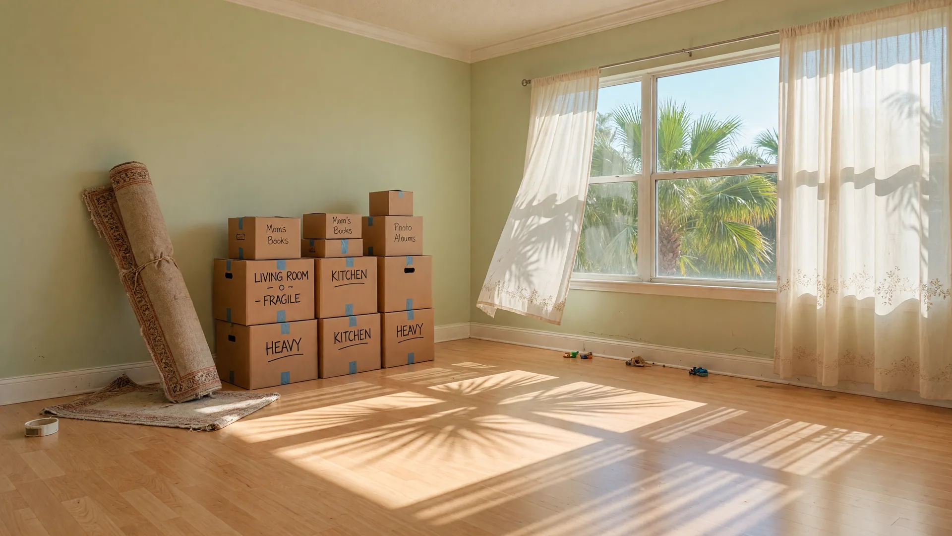 Packed moving boxes in a sunlit Florida living room, the start of a new chapter.