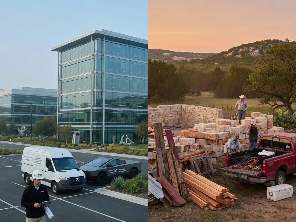 Comparison of California and Texas contractor communication styles and business culture  a modern office tower on the left, a rustic Hill Country job site on the right