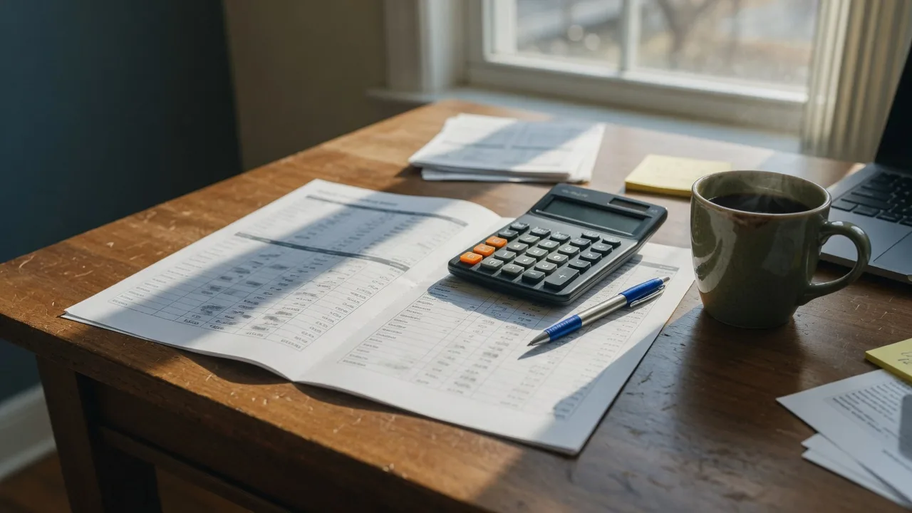 Rate buydown comparison sheet, calculator, pen, and coffee on a desk