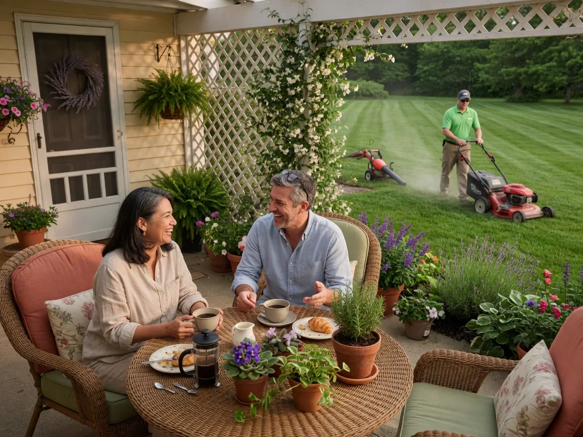 Couple relaxing on patio while lawn care is handled for them