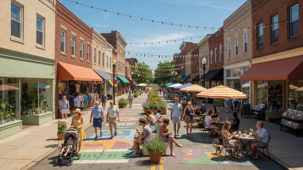 Church Street in Montclair NJ during a car-free weekend with pedestrians enjoying the downtown corridor