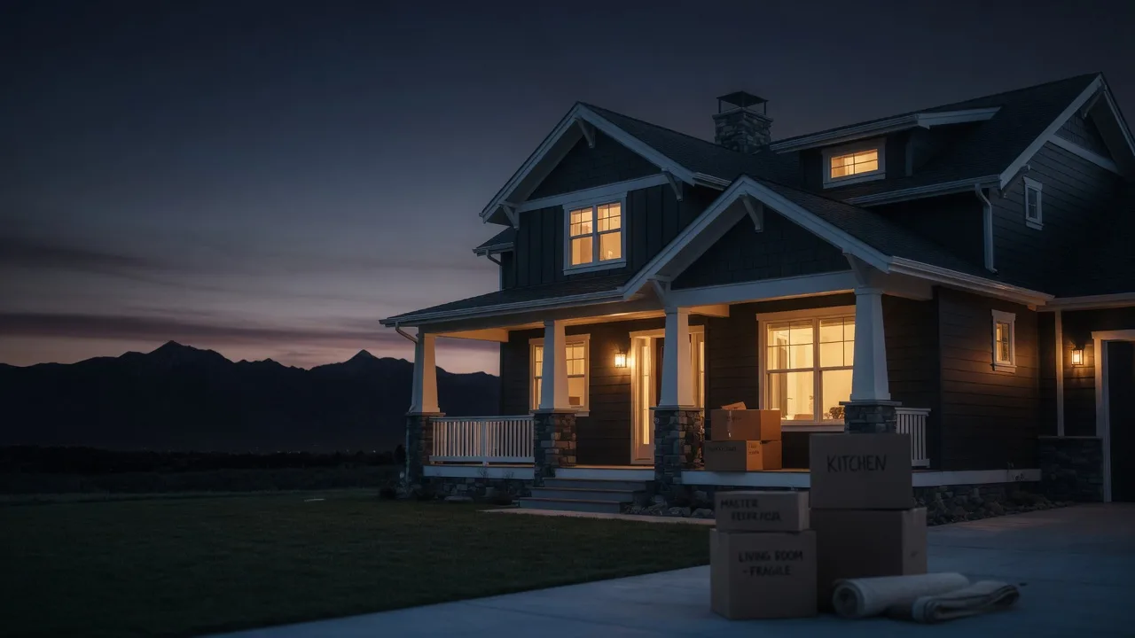 AI-generated image of a modern Utah home at dusk with moving boxes on the porch