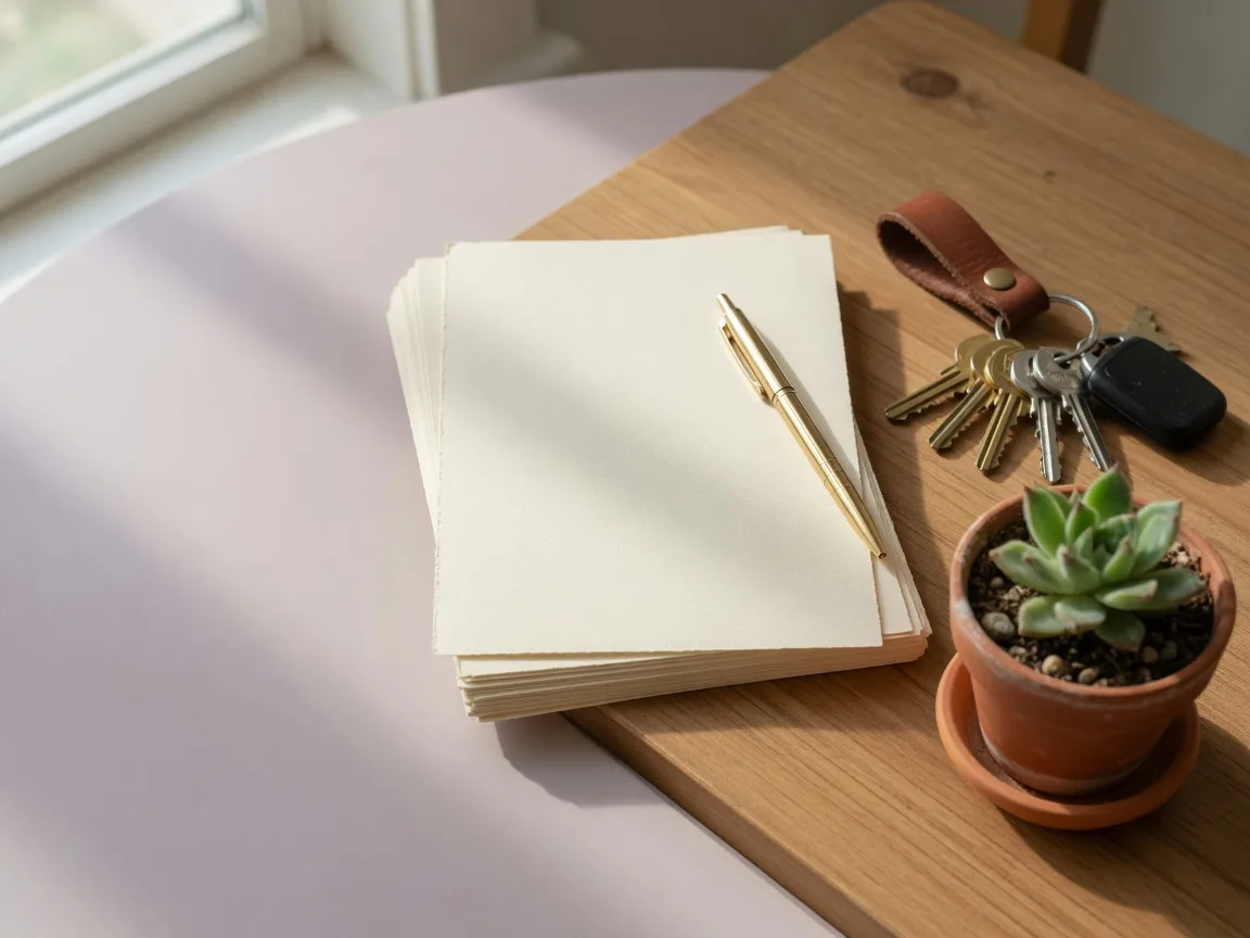 A signing table with a stack of papers, a pen, house keys, and a small plant, representing the buyer agency agreement and closing paperwork