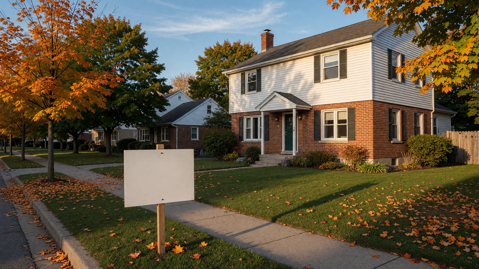A tidy brick and clapboard family home on a tree-lined Port Perry street in early autumn at golden hour, with a plain yard sign stake by the front walk and maples dropping leaves