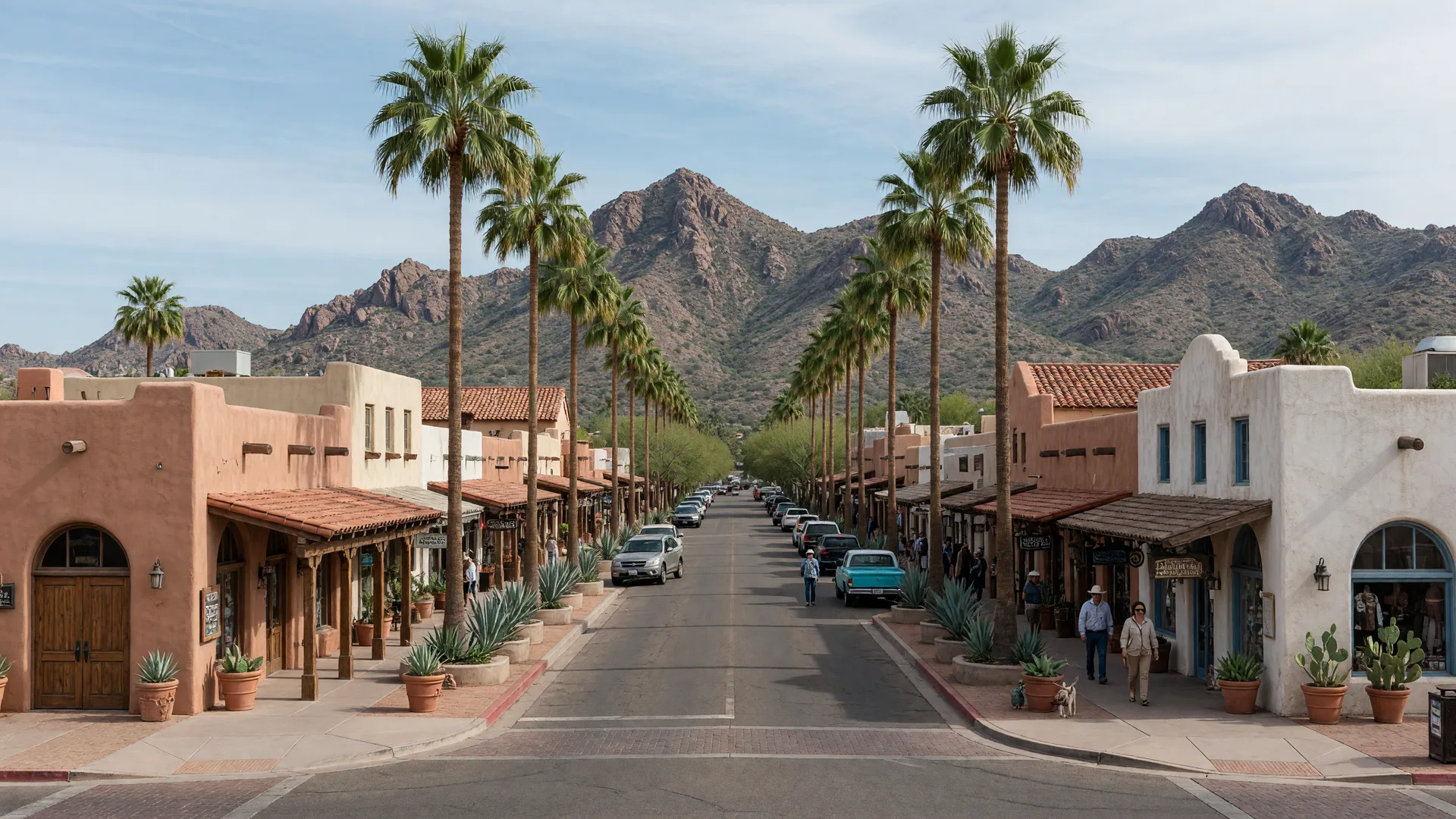 Old Town Scottsdale street with Southwestern storefronts, a sculpted saguaro, and glowing string lights at golden hour