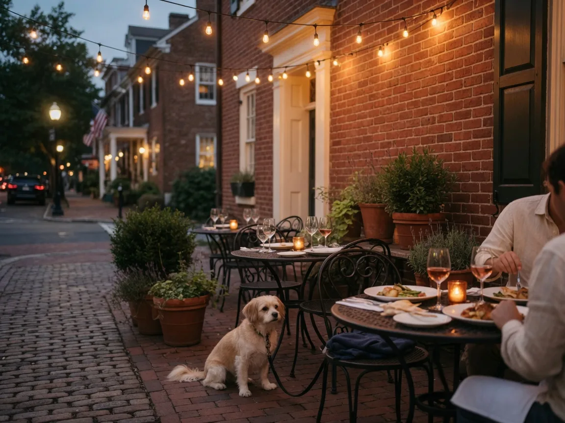 A warm evening on a dog-friendly restaurant patio in Old Town Alexandria, with string lights overhead, a historic brick building, and a dog resting under a bistro table