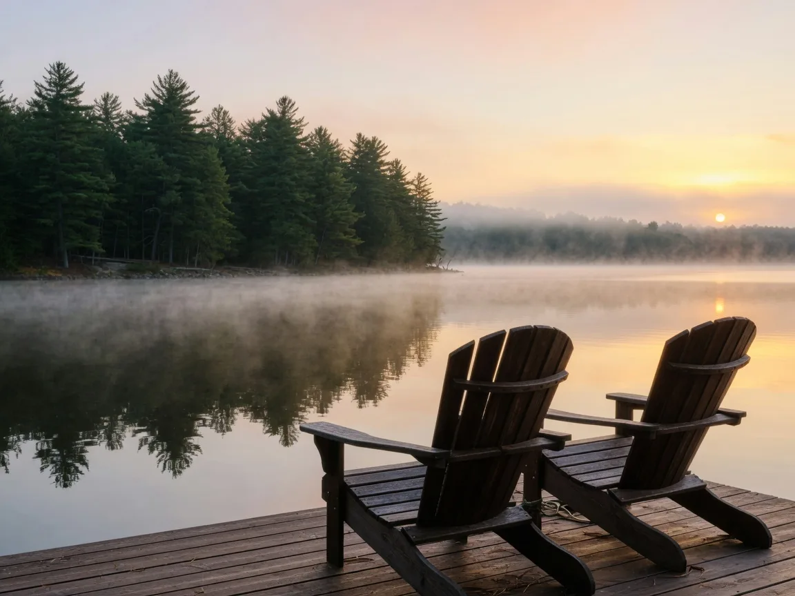 Lakeside dock with Adirondack chairs at sunrise