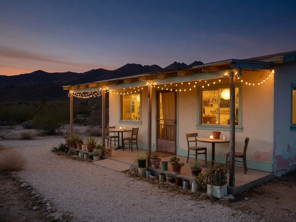 A small converted bungalow restaurant with a string-lit front porch patio and bistro tables at dusk, an illustrative scene for a downtown dining feature