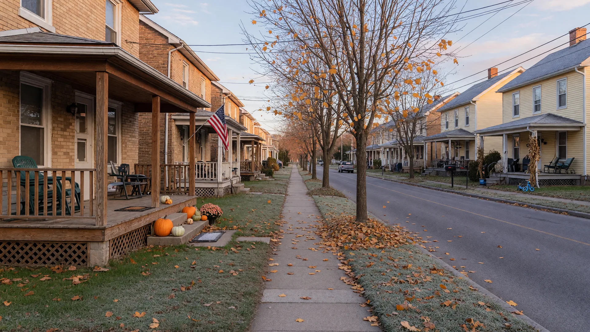 A quiet Coplay PA street on a frosty early-November morning, with twin homes on front porches, bare maple trees shedding golden leaves, and pumpkins still on a stoop