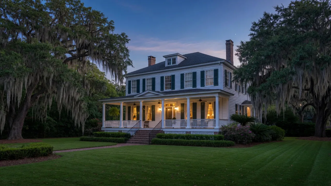 A classic Lowcountry home with a wide front porch glowing with warm lights at dusk, live oaks framing the yard
