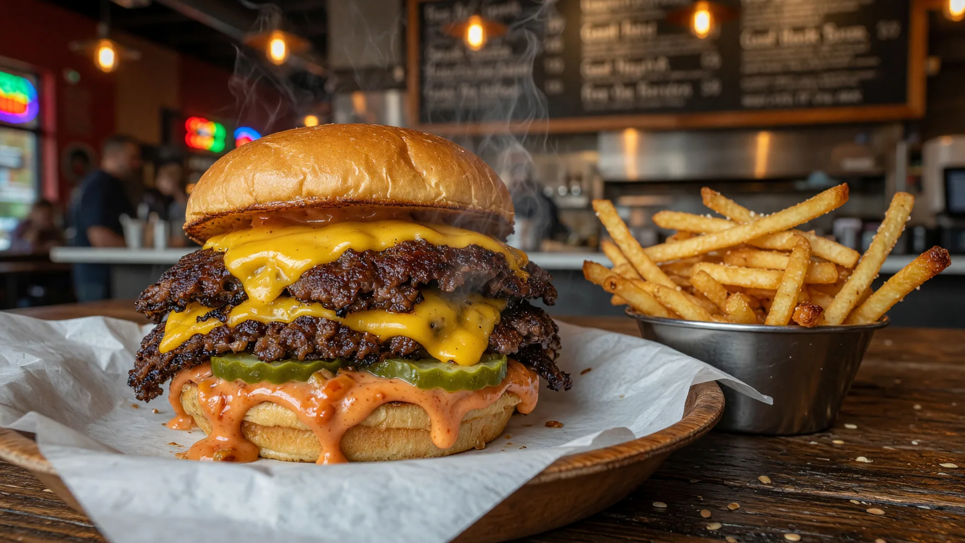 A double smash burger with caramelized crispy edges, melted American cheese, pickles, and glossy house sauce beside a cup of shoestring fries at With Love, Always in Southwest Las Vegas