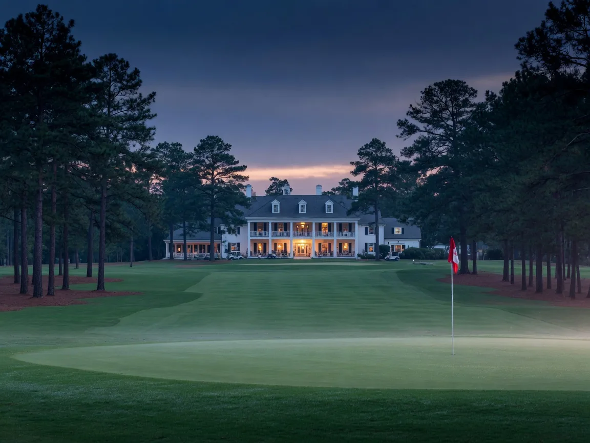 A Pinehurst golf fairway at twilight with a lit clubhouse in the distance