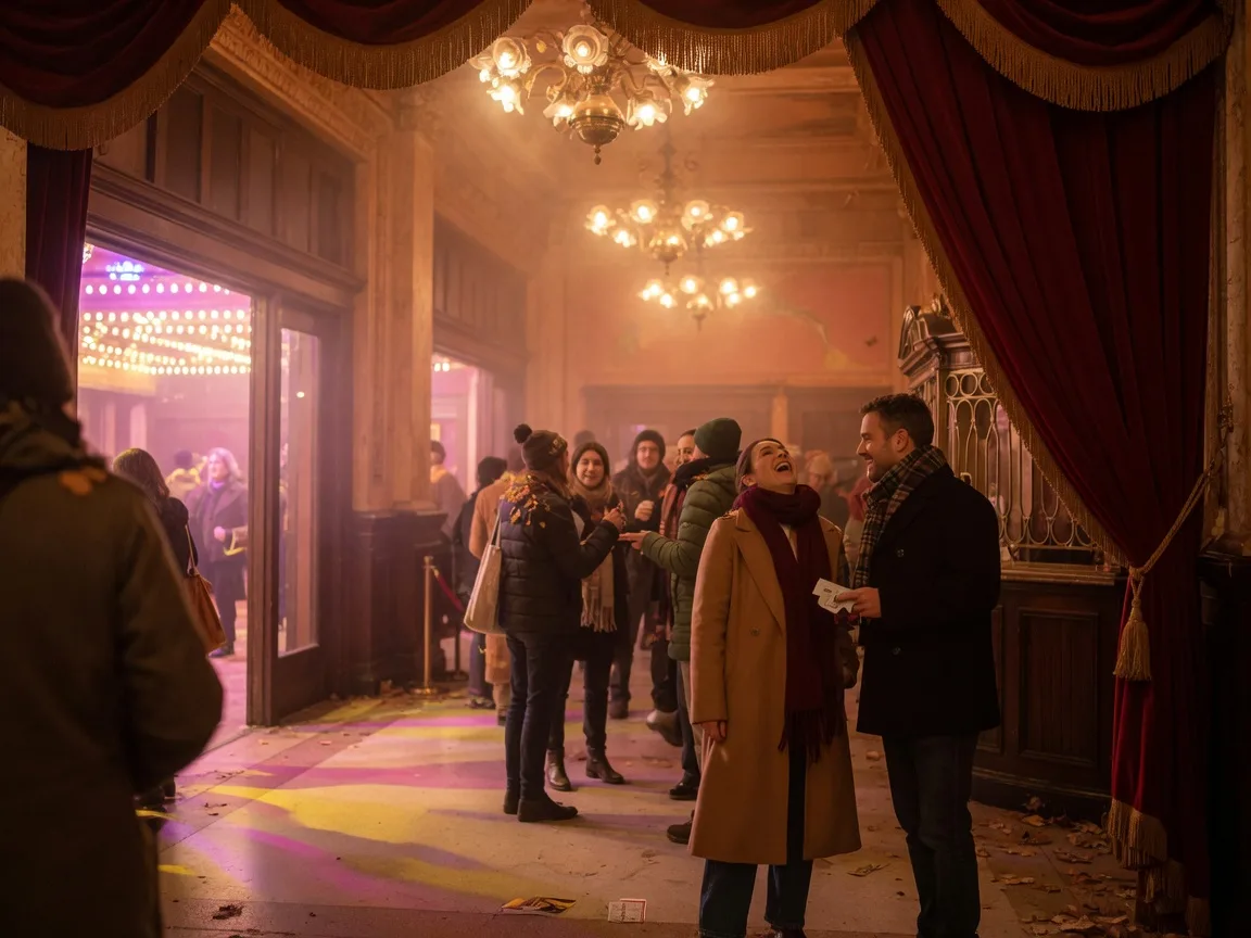 A historic theater lobby at night with warm amber chandelier light glowing over red velvet curtains, marquee light spilling through the entrance, and distant silhouettes of an October crowd in autumn coats mingling in the warm haze