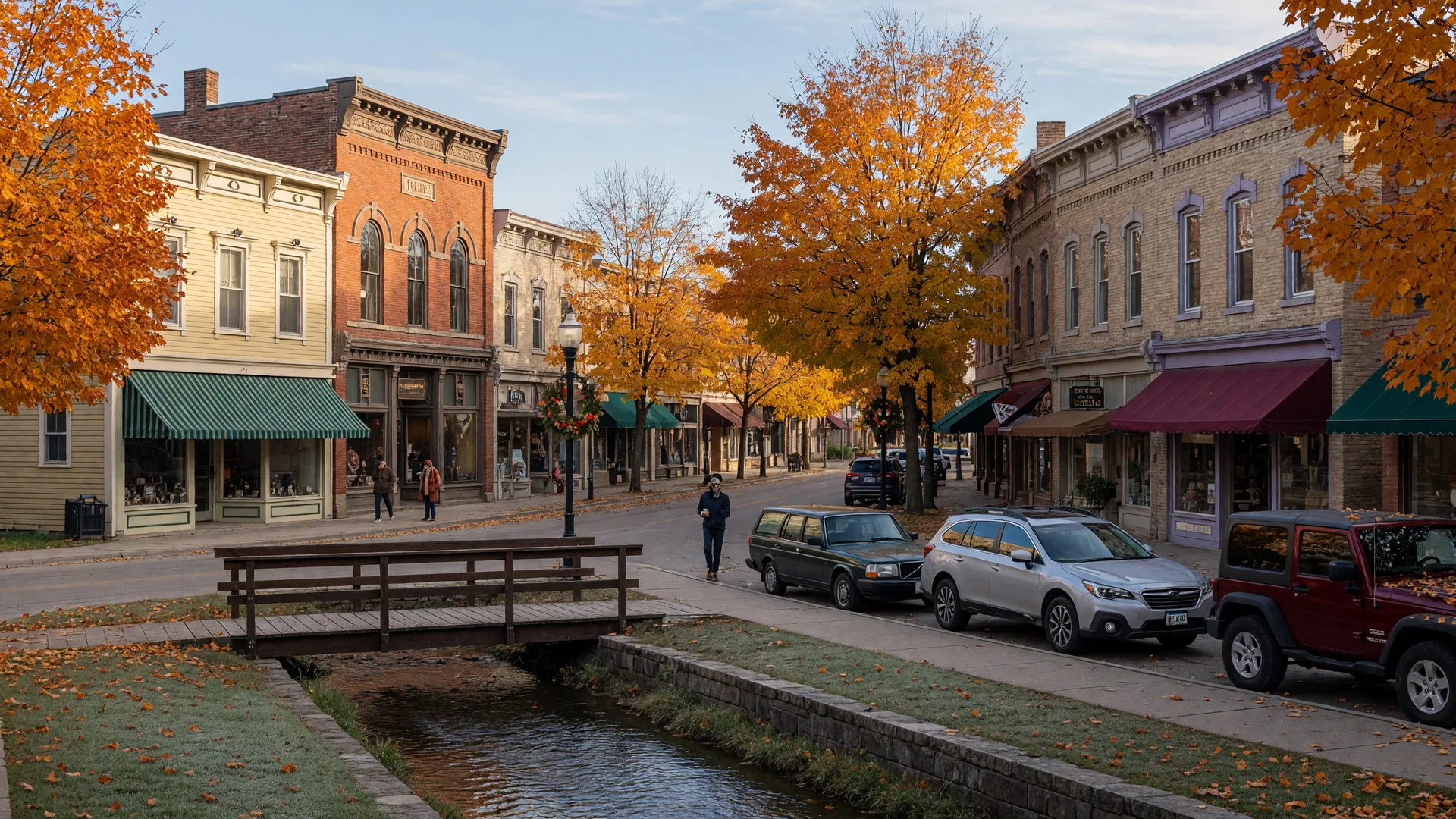 Restored Victorian storefronts and a creek with a footbridge in downtown Northville, Michigan