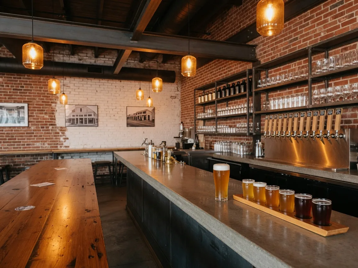 Warm interior of Silver Branch Brewing Company's taproom in Silver Spring, Maryland with long wooden communal tables, a polished concrete bar with brass taps, exposed brick and steel beams, amber pendant lights, and pints of golden lager on the bar