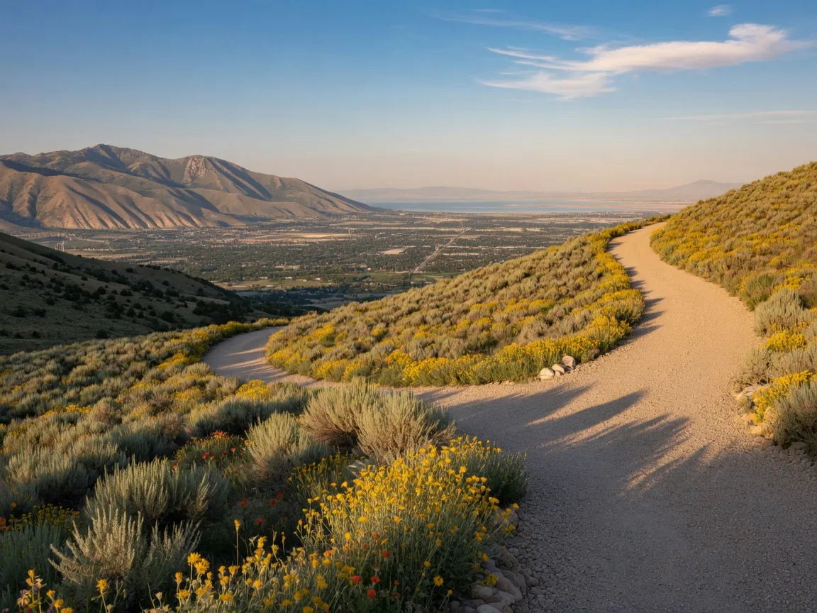 A sunlit hiking trail through the Wasatch foothills above Draper, where many active Utahns stay fit