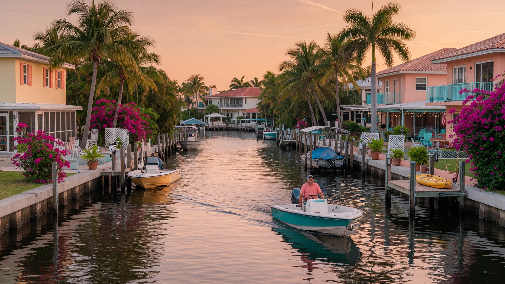 A Fort Lauderdale canal neighborhood at golden hour, with waterfront homes, private docks, and boats