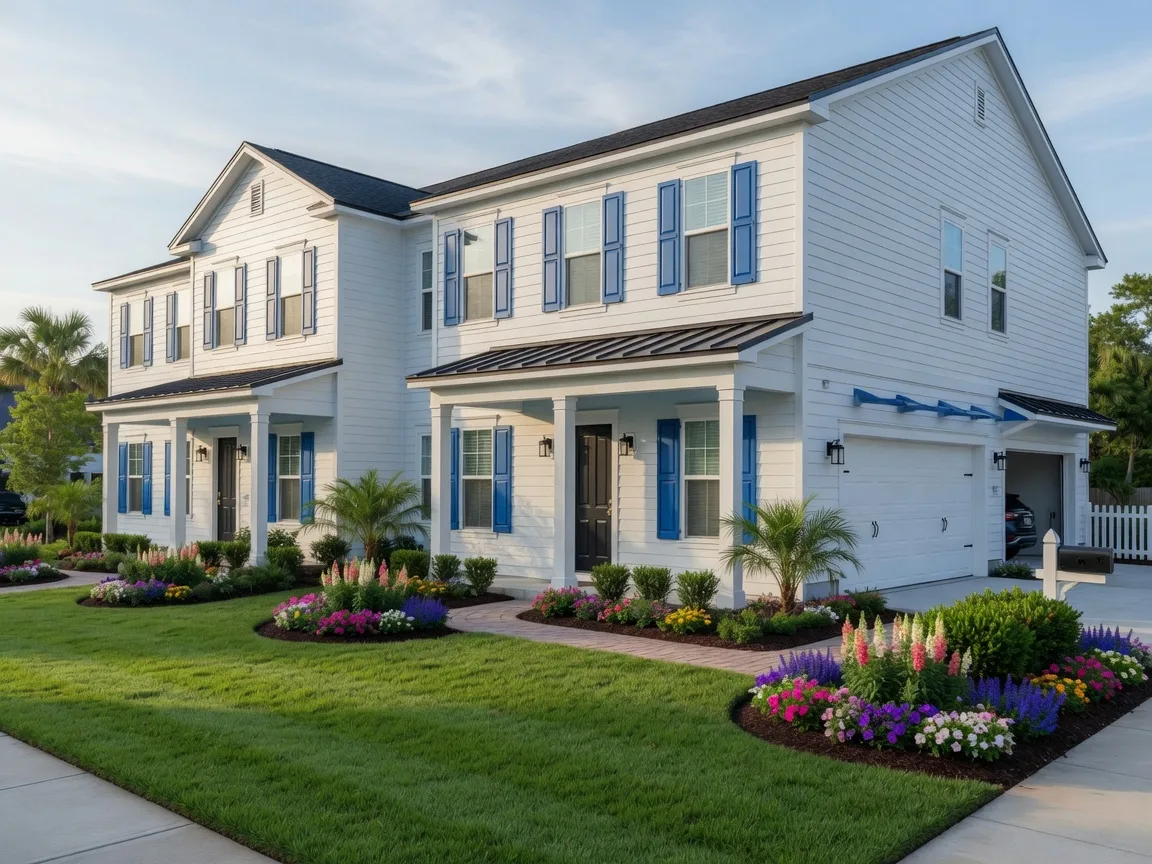 Modern townhouse or duplex with blue shutters and fresh landscaping, ideal for rental investment in the CSRA