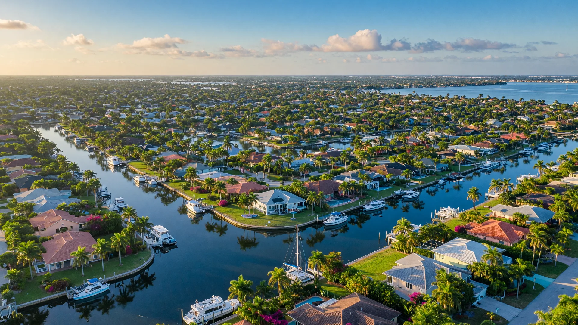 Aerial view of Cape Coral canals and neighborhoods under golden Florida sunshine