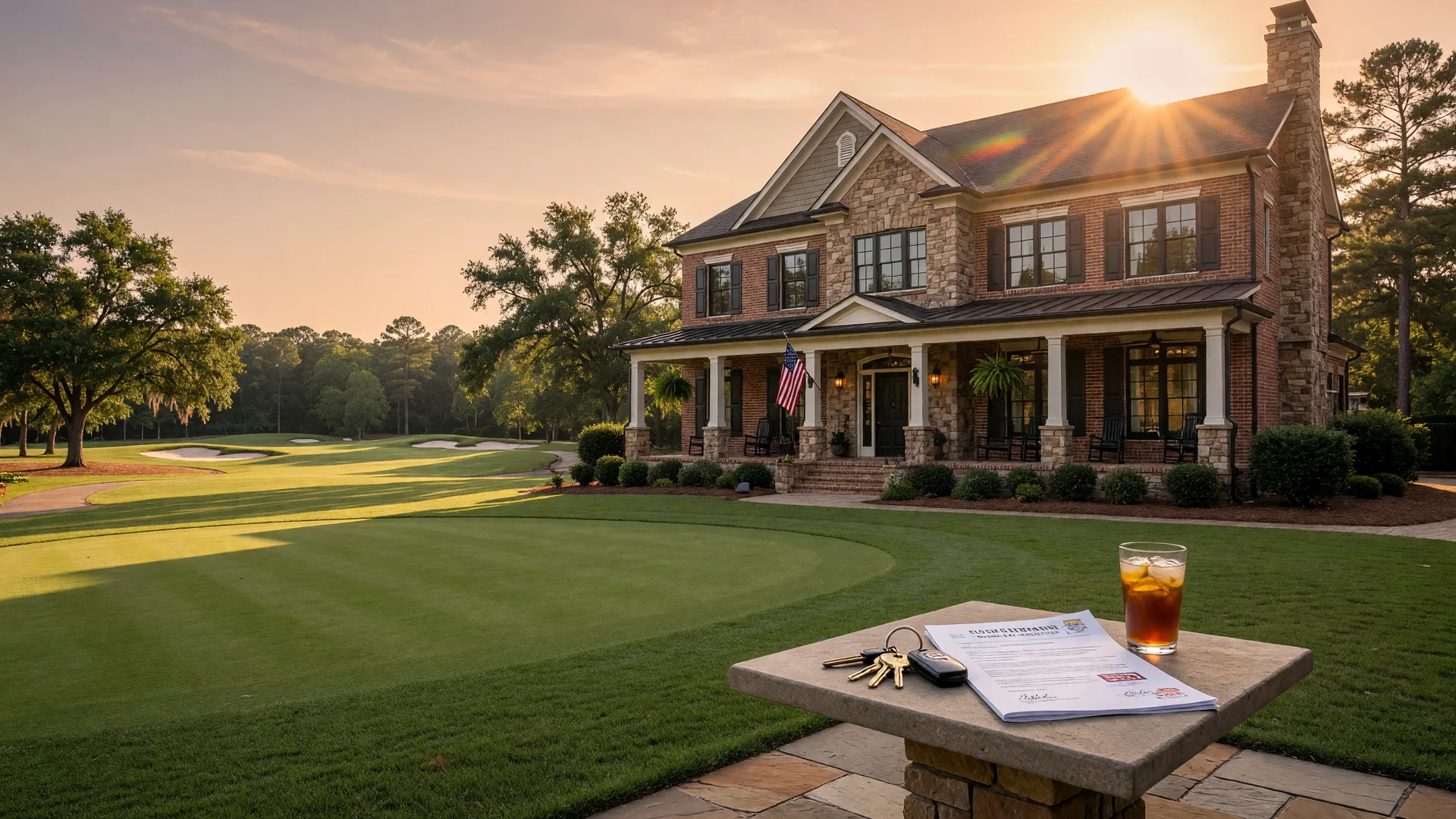 Luxury brick and stone home on a Georgia golf course fairway at golden hour with house keys and an open purchase contract on a patio table, representing the record-high seller concessions of 2026