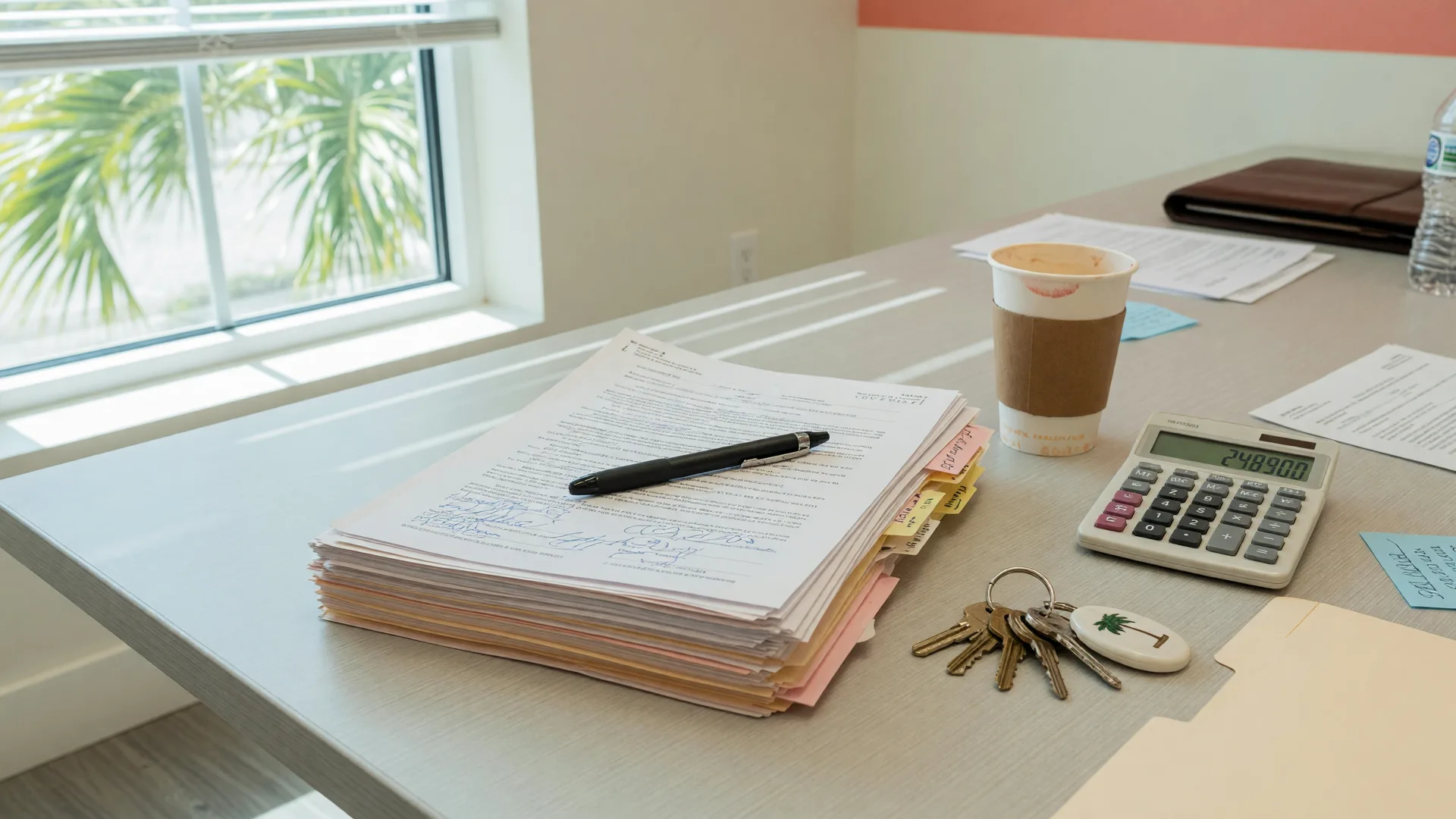 A closing table with a signed document stack, a pen, house keys, and a calculator in a bright office.