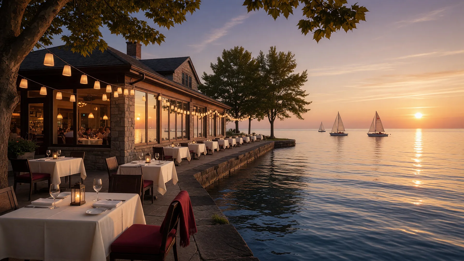 Waterfront restaurant terrace on the Lake Erie shore at golden hour