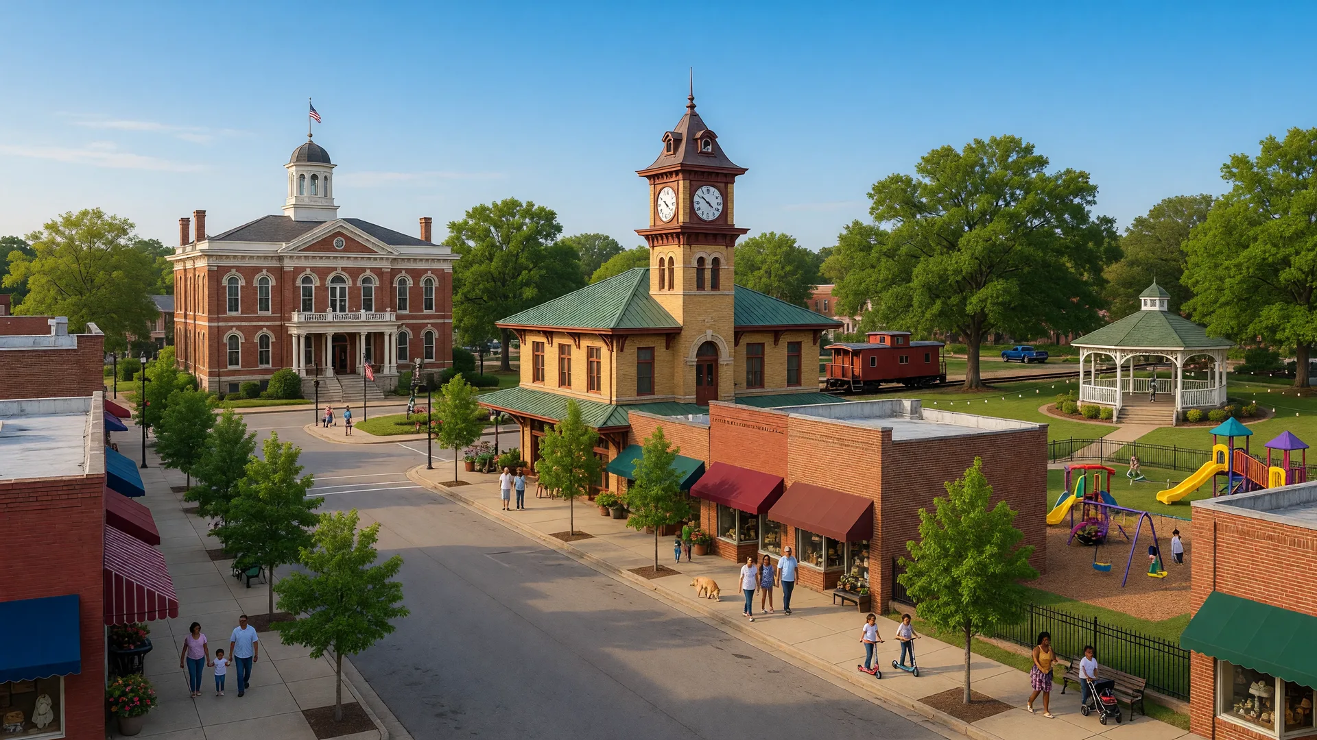 Madison's historic downtown Main Street with the old train depot, City Park, and tree-lined streets