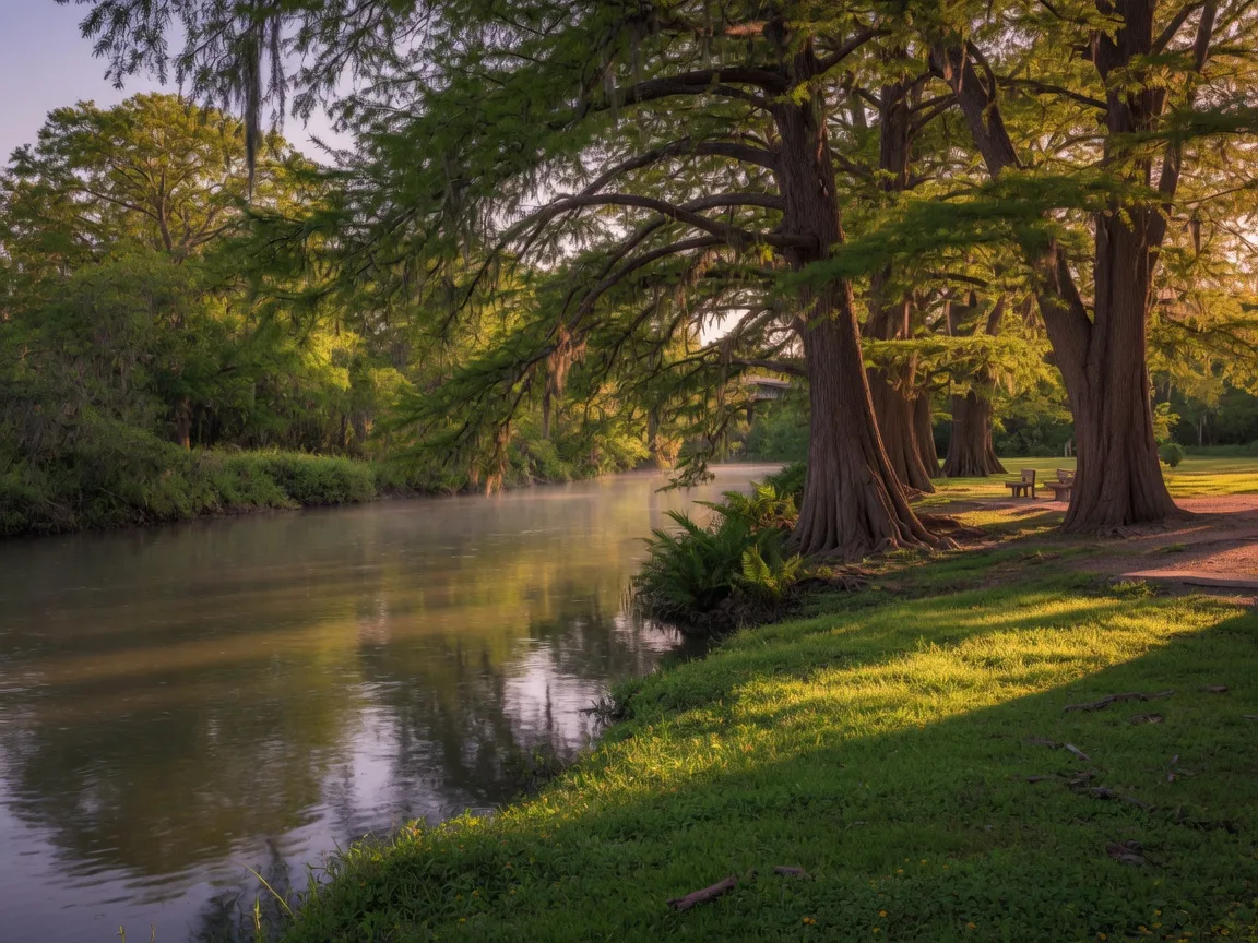 The Guadalupe River in Seguin, Texas, with cypress trees lining the banks and calm flowing water in late afternoon light