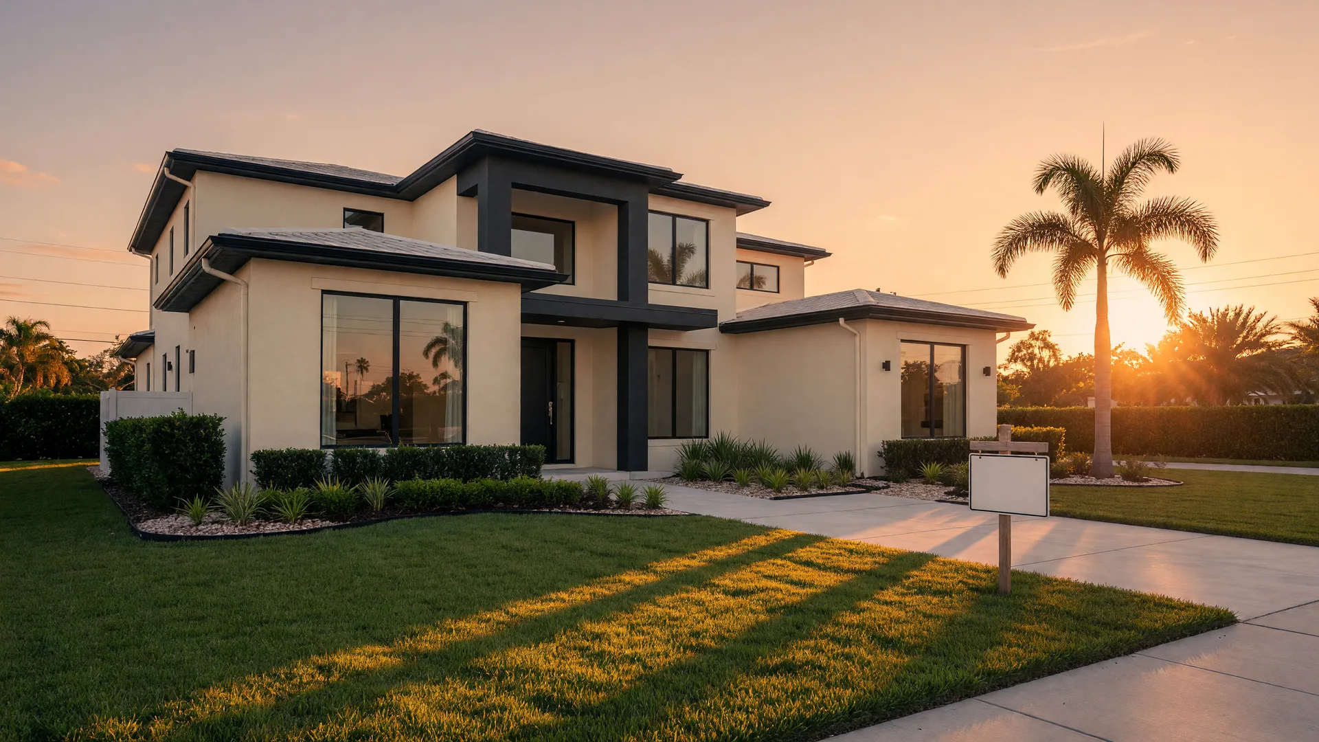 A cream Florida home with charcoal accents, a for-sale sign, and a palm tree in low golden light